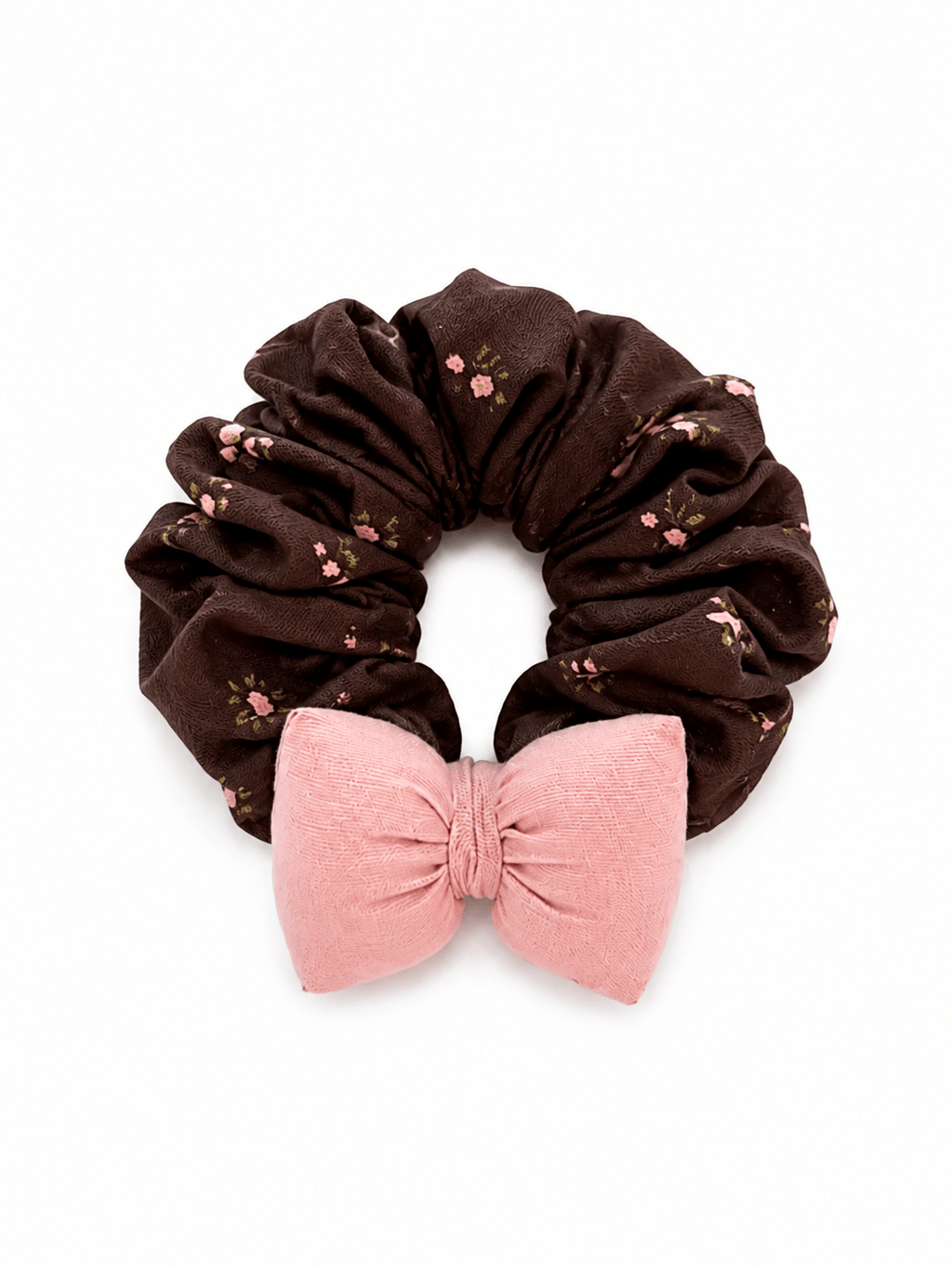 Brown Floral Scrunchie with Pink Puffy Bow – Romantic Fabric Hair Tie
