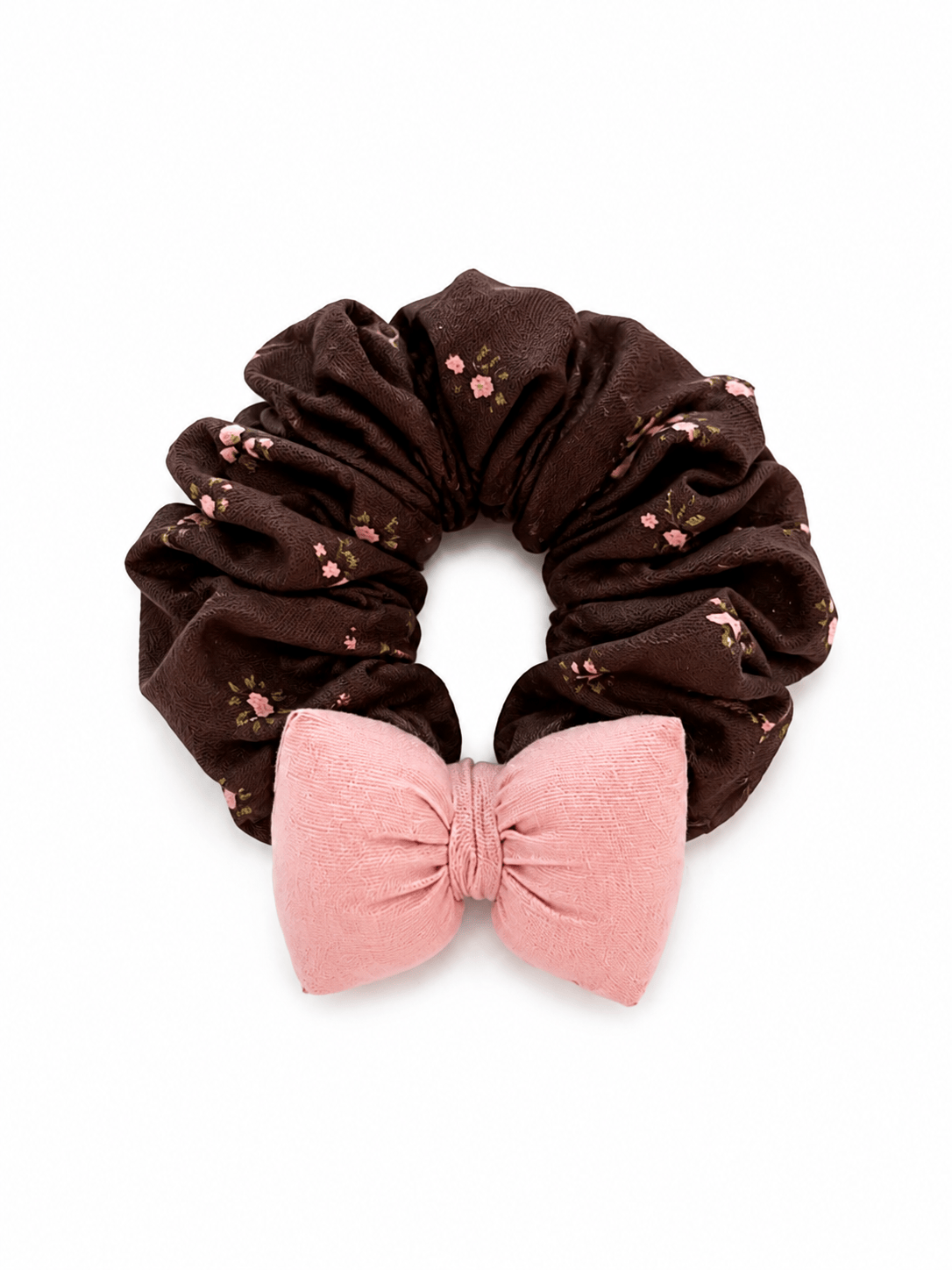 Brown Floral Scrunchie with Pink Puffy Bow – Romantic Fabric Hair Tie