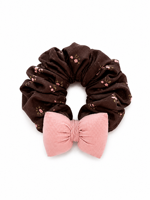 Brown Floral Scrunchie with Pink Puffy Bow – Romantic Fabric Hair Tie