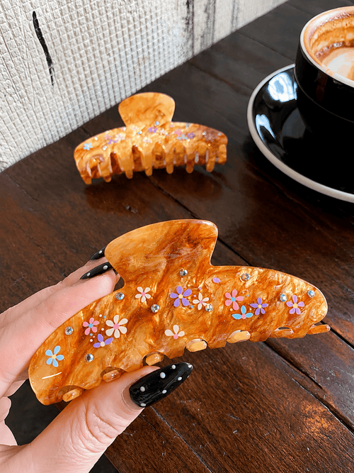 Caramel Floral Acetate Claw Clip | 10cm Vintage Hair Accessory