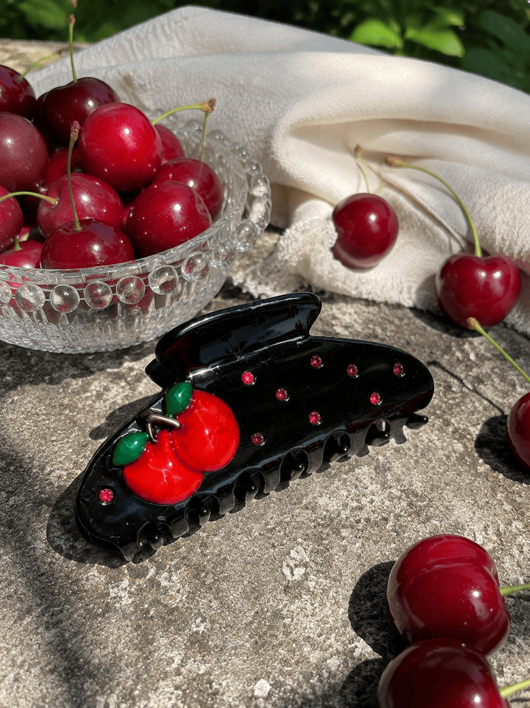 Cherry Acetate Hair Claw Clip | Black Rhinestone Fruit Claw Clip