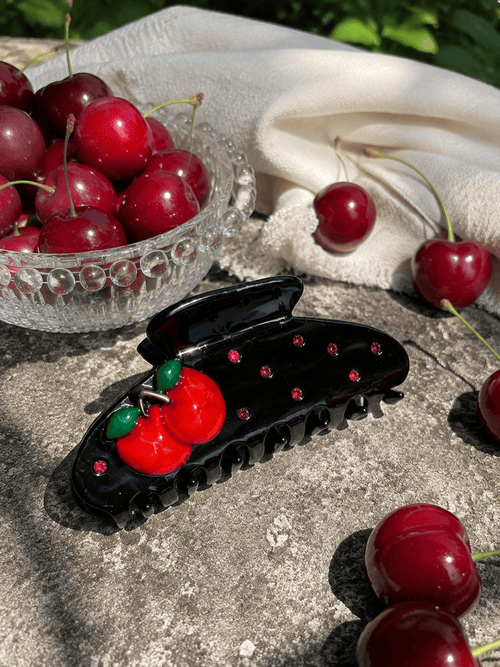 Cherry Acetate Hair Claw Clip | Black Rhinestone Fruit Claw Clip