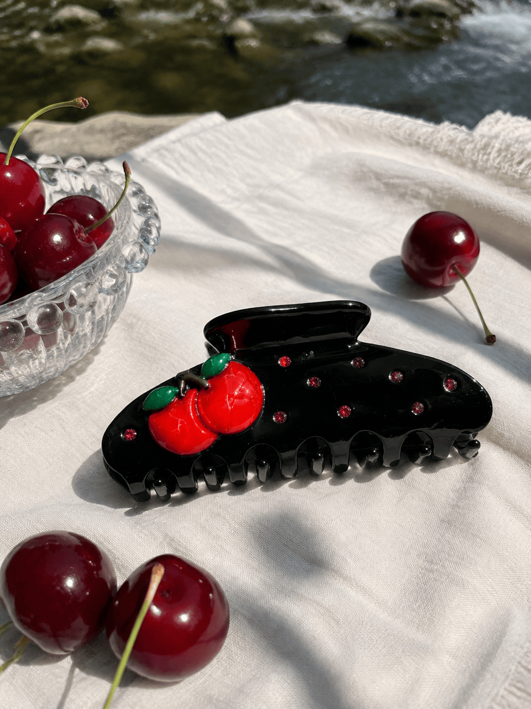 Cherry Acetate Hair Claw Clip | Black Rhinestone Fruit Claw Clip