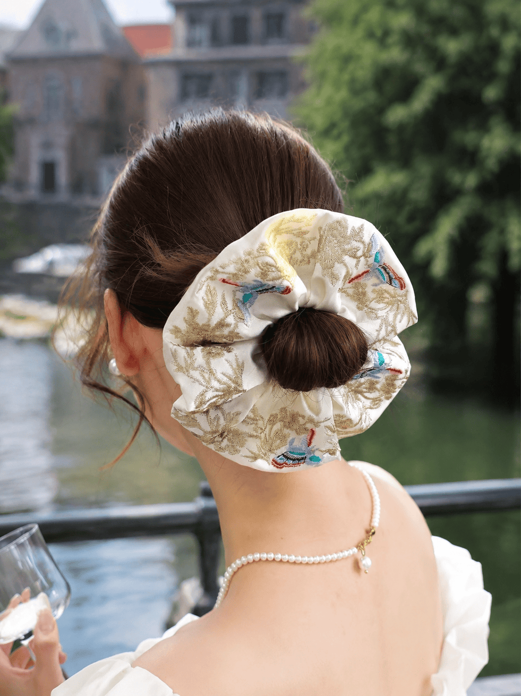 Chinese Style Butterfly Embroidered Scrunchie, Satin Botanical Hair Tie, Oriental Floral Hair Accessory, Elegant Handmade Hair Elastic