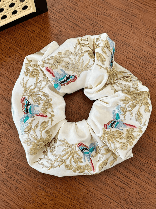 Chinese Style Butterfly Embroidered Scrunchie, Satin Botanical Hair Tie, Oriental Floral Hair Accessory, Elegant Handmade Hair Elastic