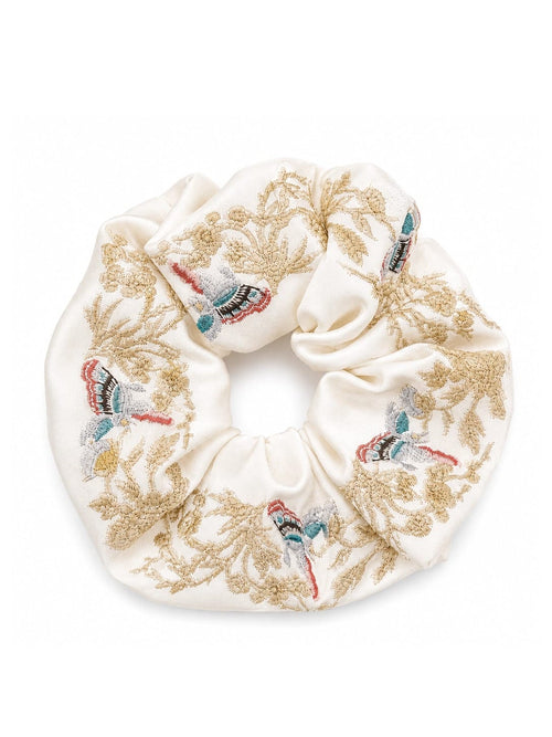 Chinese Style Butterfly Embroidered Scrunchie, Satin Botanical Hair Tie, Oriental Floral Hair Accessory, Elegant Handmade Hair Elastic