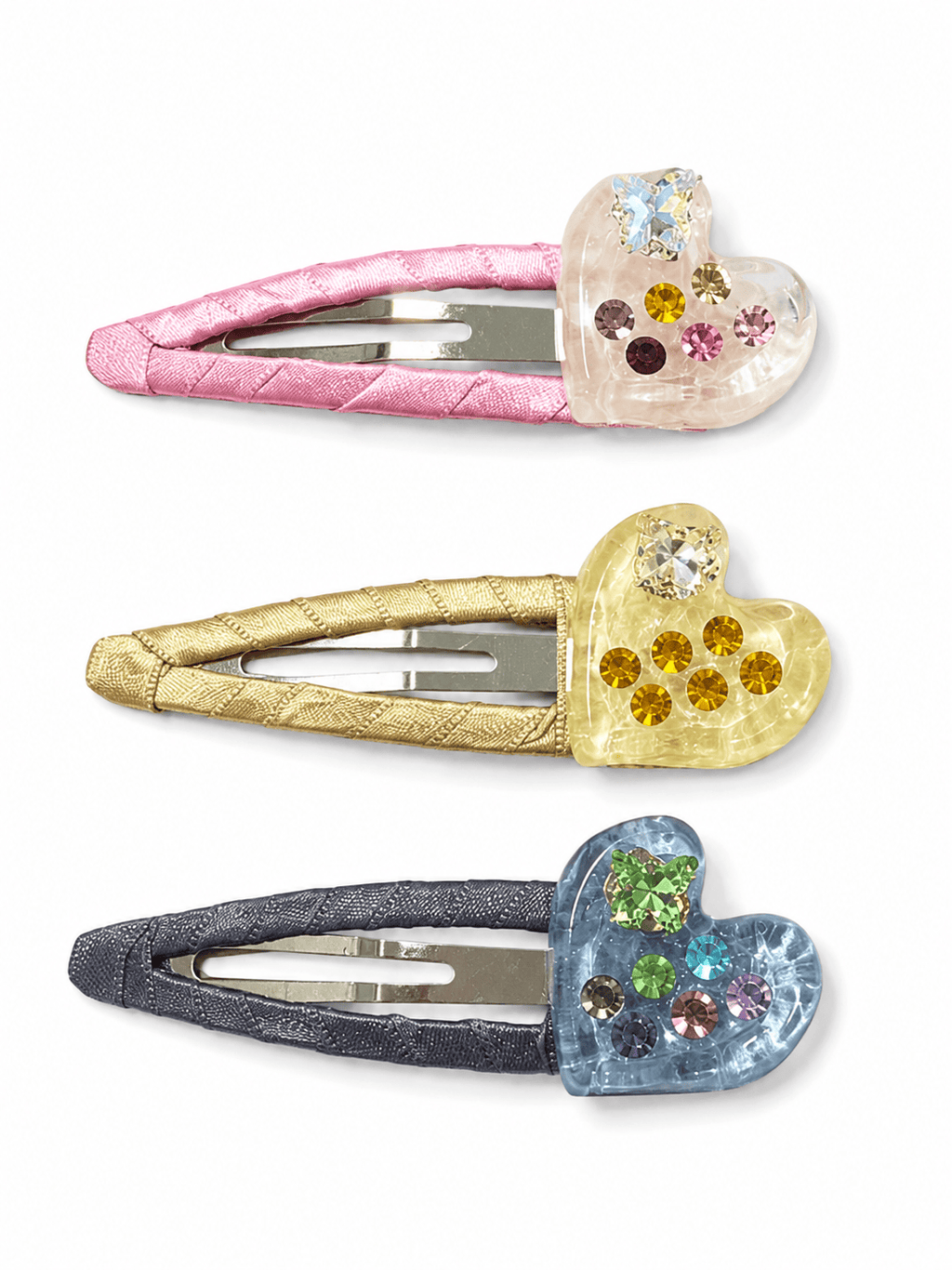 Colorful Rhinestone Heart BB Hair Clips – 3-Piece Set, Sparkly Snap Hair Clips for Women & Girls