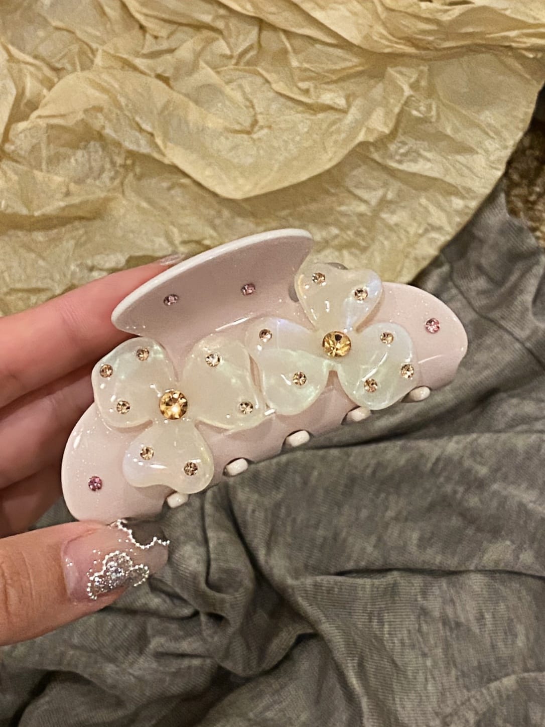 Cream Pink Floral Hair Claw Clip | Rhinestone Acetate Clip