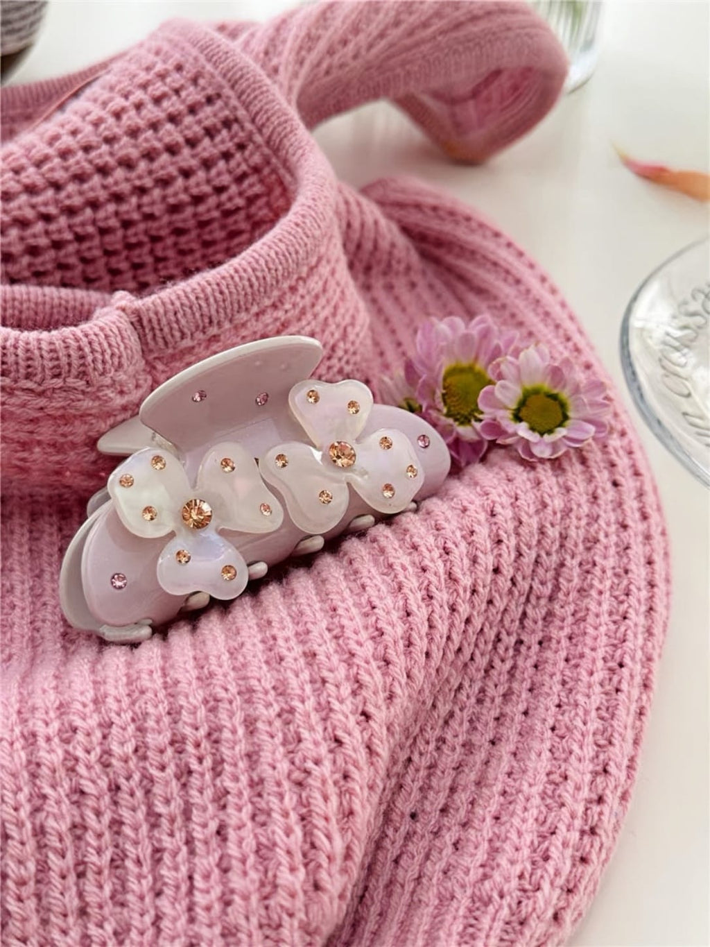 Cream Pink Floral Hair Claw Clip | Rhinestone Acetate Clip