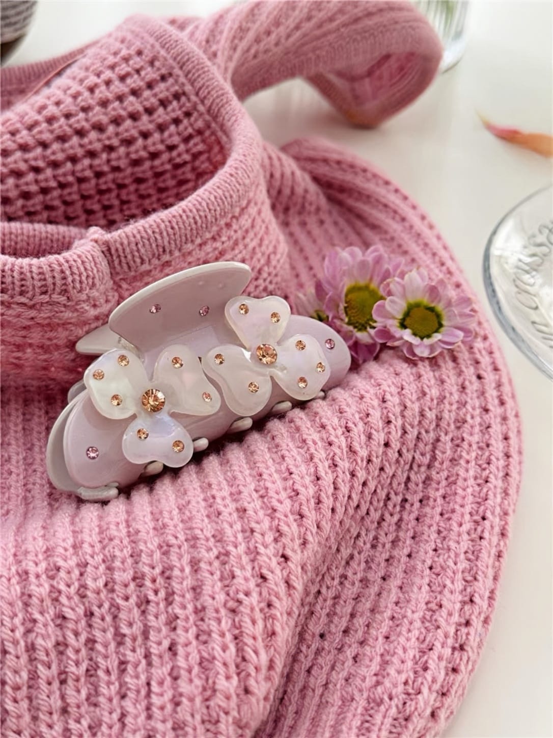 Cream Pink Floral Hair Claw Clip | Rhinestone Acetate Clip