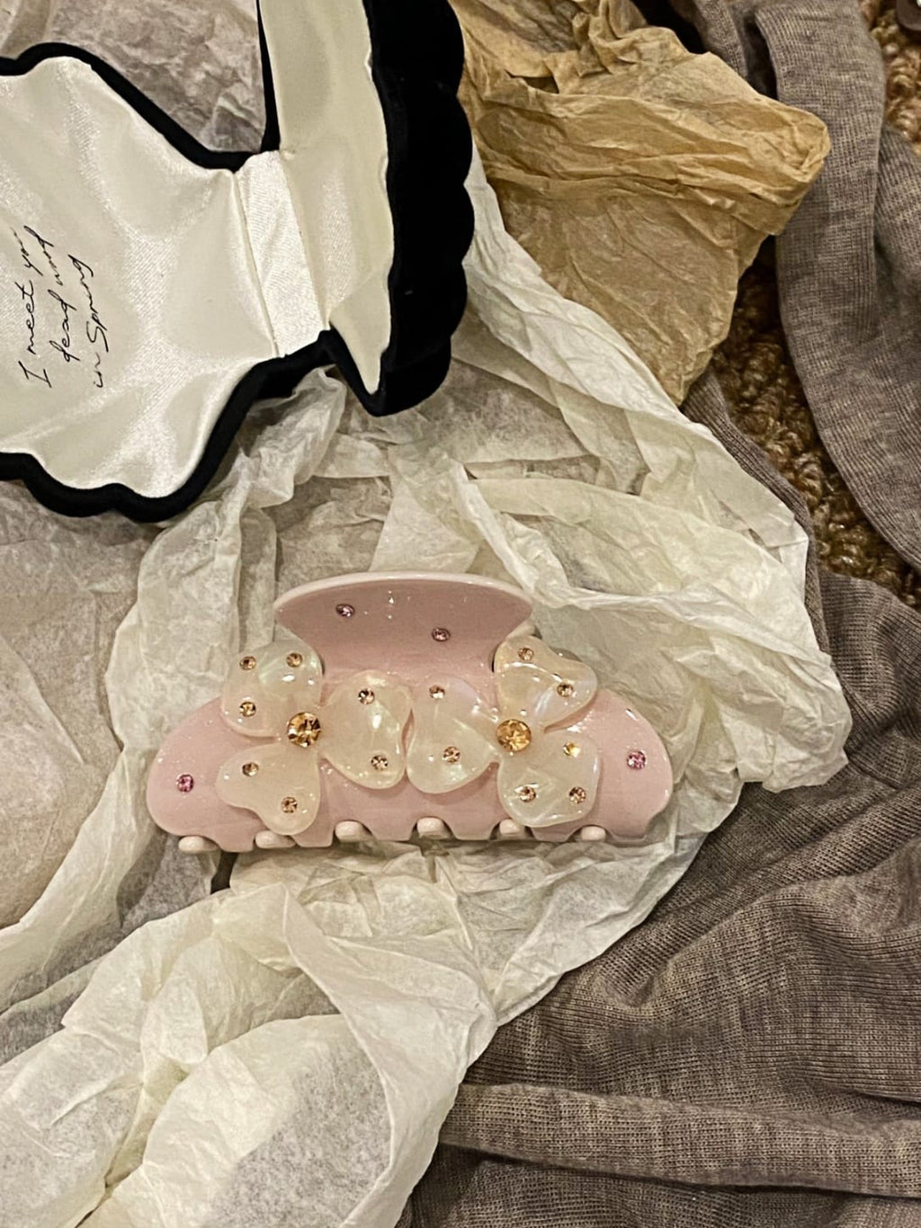 Cream Pink Floral Hair Claw Clip | Rhinestone Acetate Clip