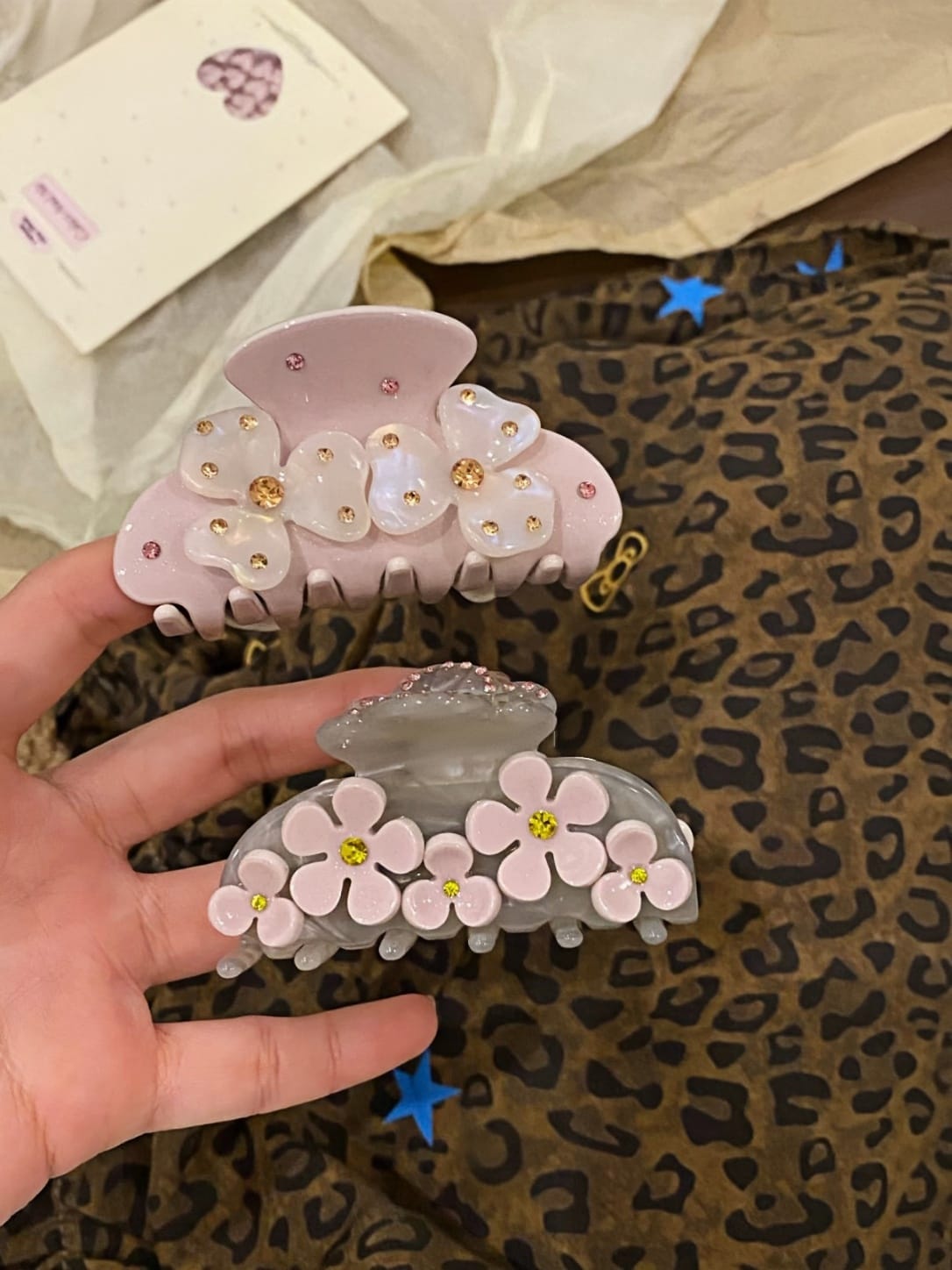 Cream Pink Floral Hair Claw Clip | Rhinestone Acetate Clip