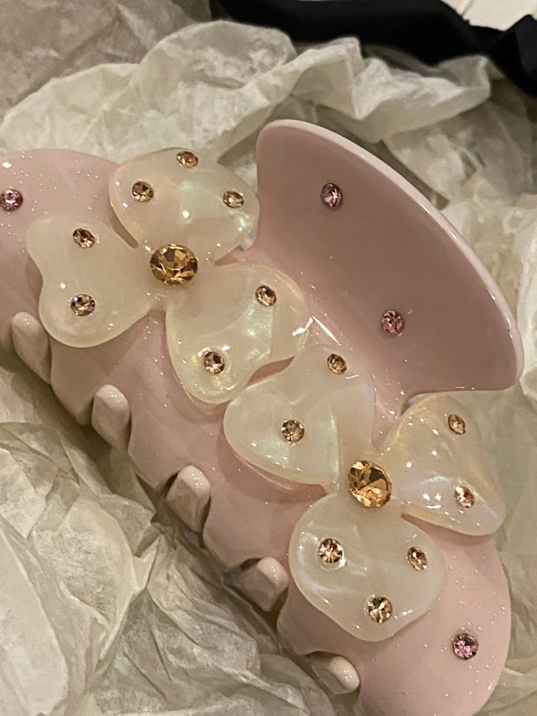 Cream Pink Floral Hair Claw Clip | Rhinestone Acetate Clip