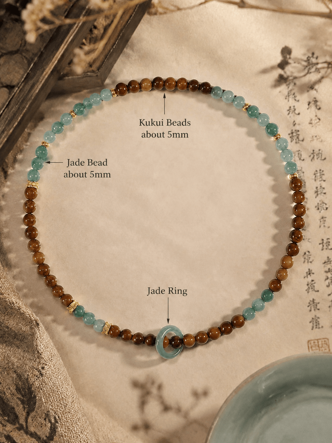 Double Layer Kukui Beads & Natural Jade Bracelet Minimalist Modern Oriental