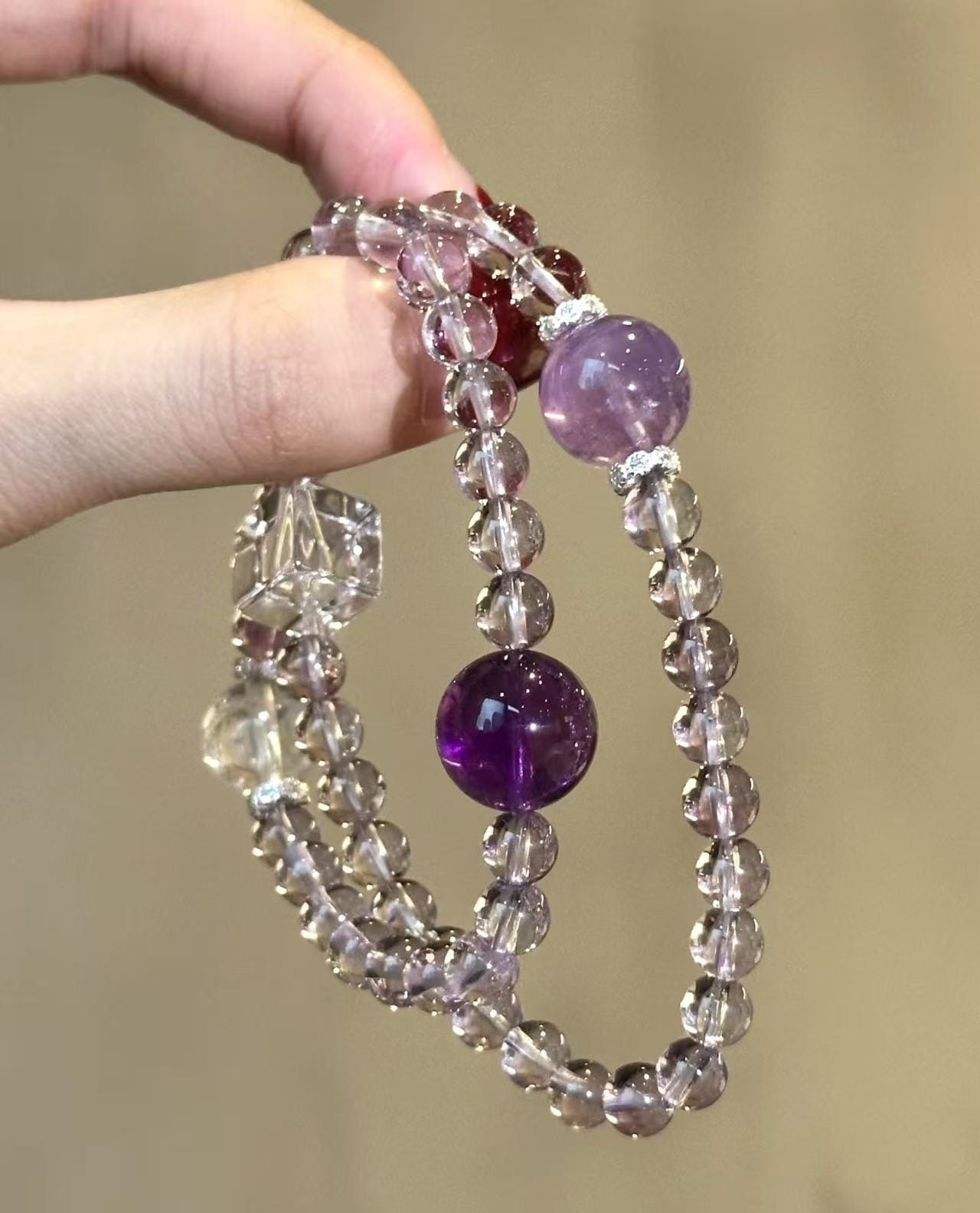 Double Strand Amethyst & Crystal Bracelet – Elegant Spiritual Jewelry Gift for Women