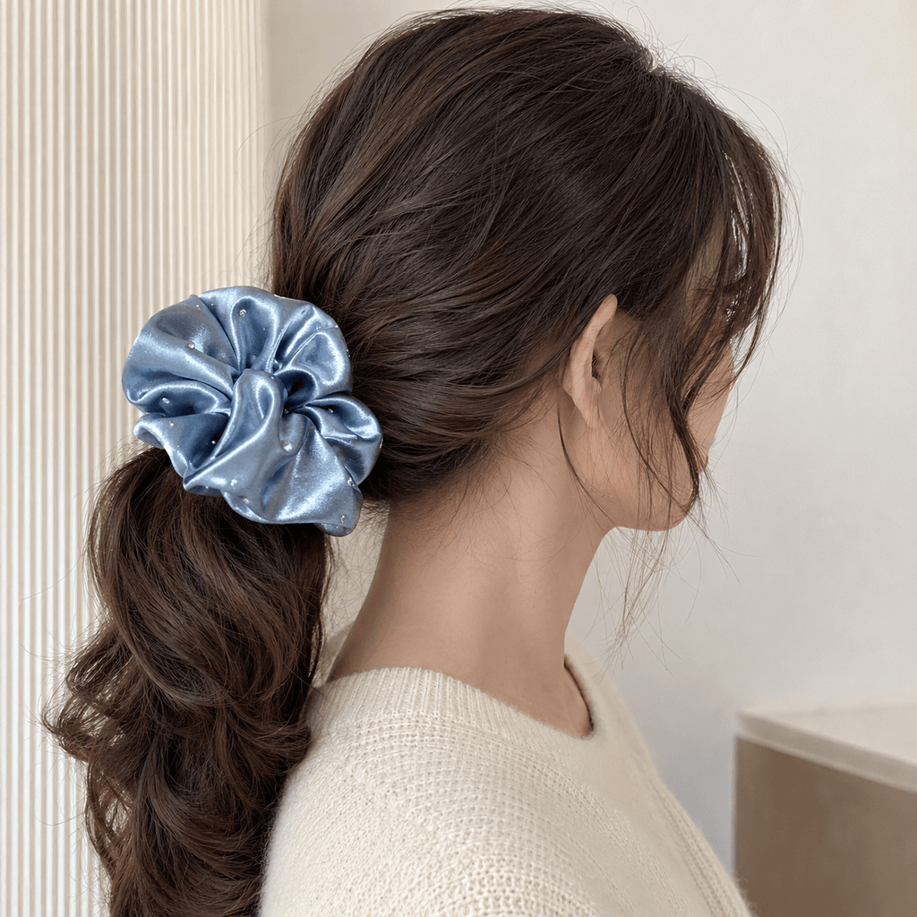 Dusty Blue Satin Rhinestone Scrunchie – Oversized Luxury Hair Tie for Women