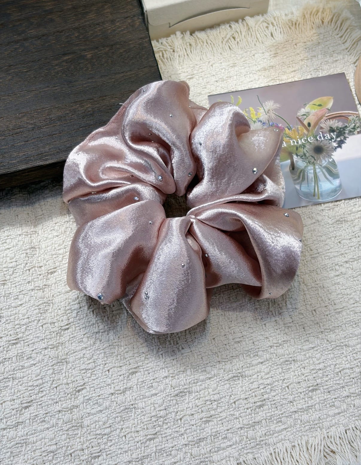 Dusty Blue Satin Rhinestone Scrunchie – Oversized Luxury Hair Tie for Women