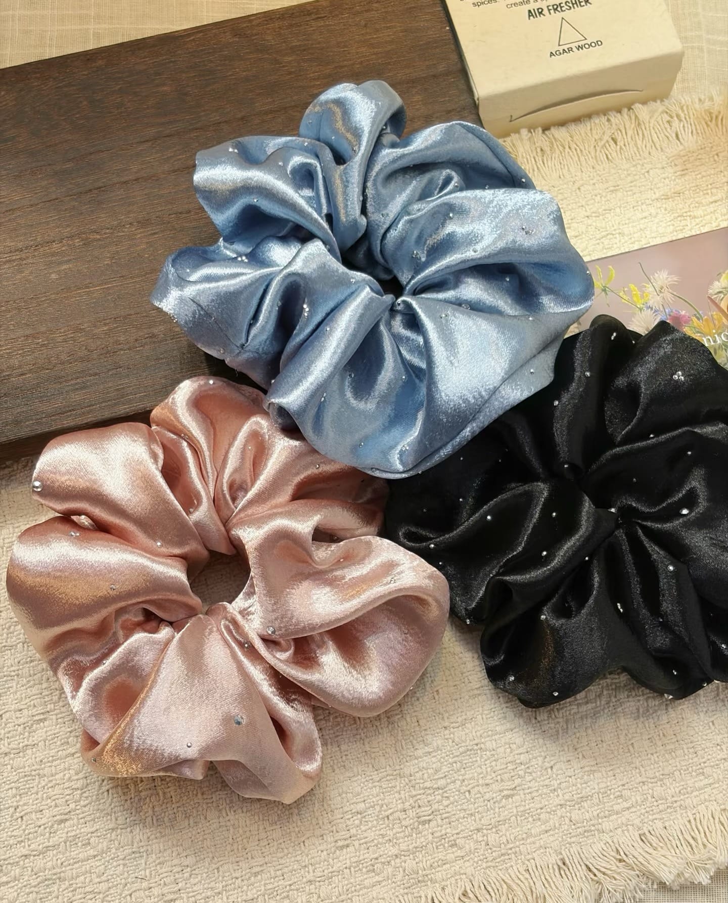 Dusty Blue Satin Rhinestone Scrunchie – Oversized Luxury Hair Tie for Women
