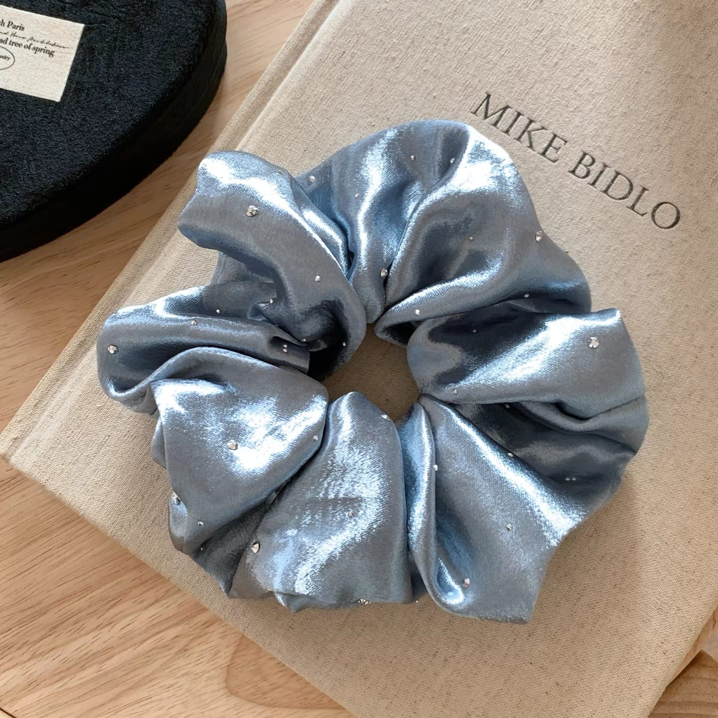 Dusty Blue Satin Rhinestone Scrunchie – Oversized Luxury Hair Tie for Women