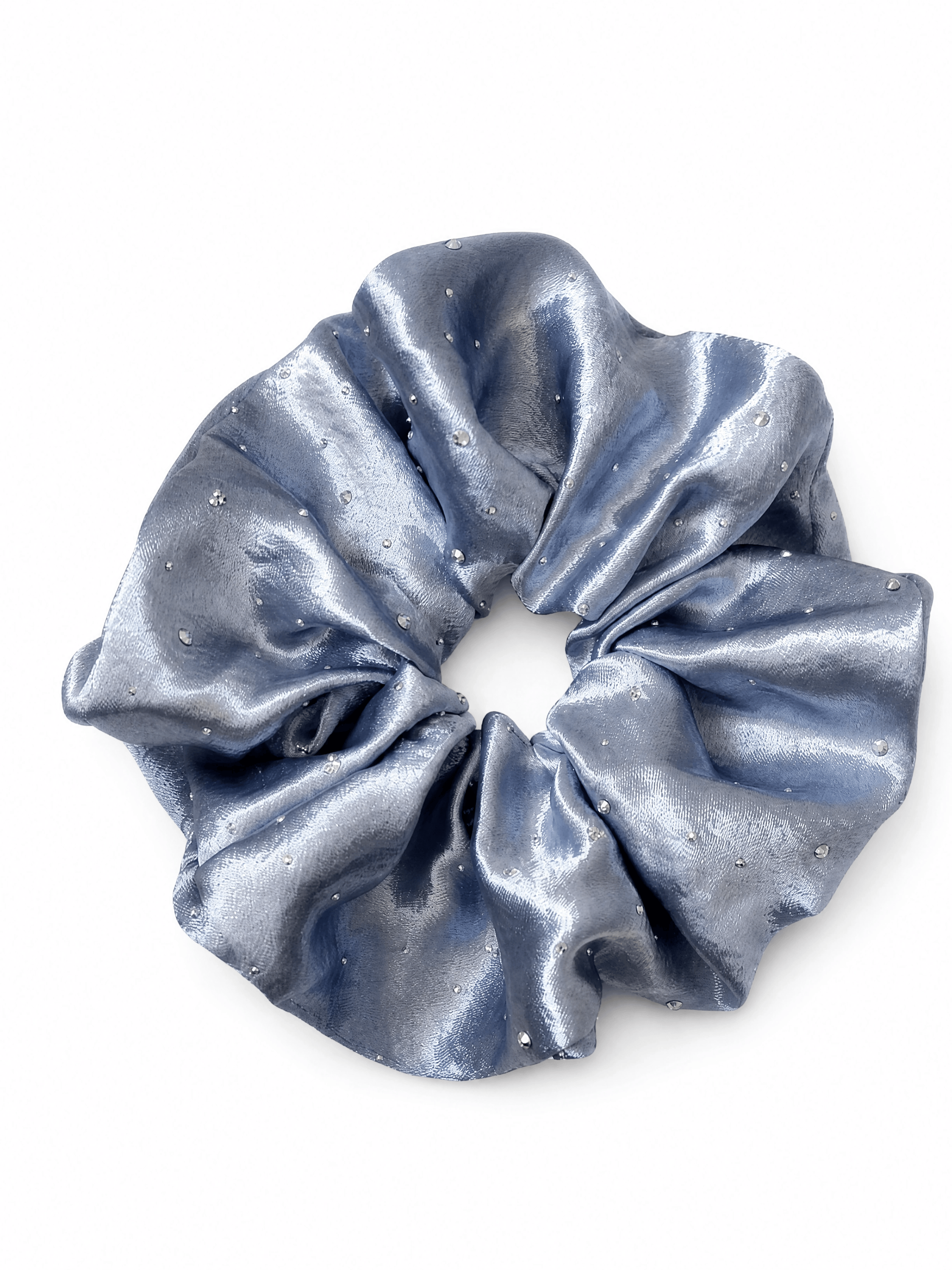 Dusty Blue Satin Rhinestone Scrunchie – Oversized Luxury Hair Tie for Women