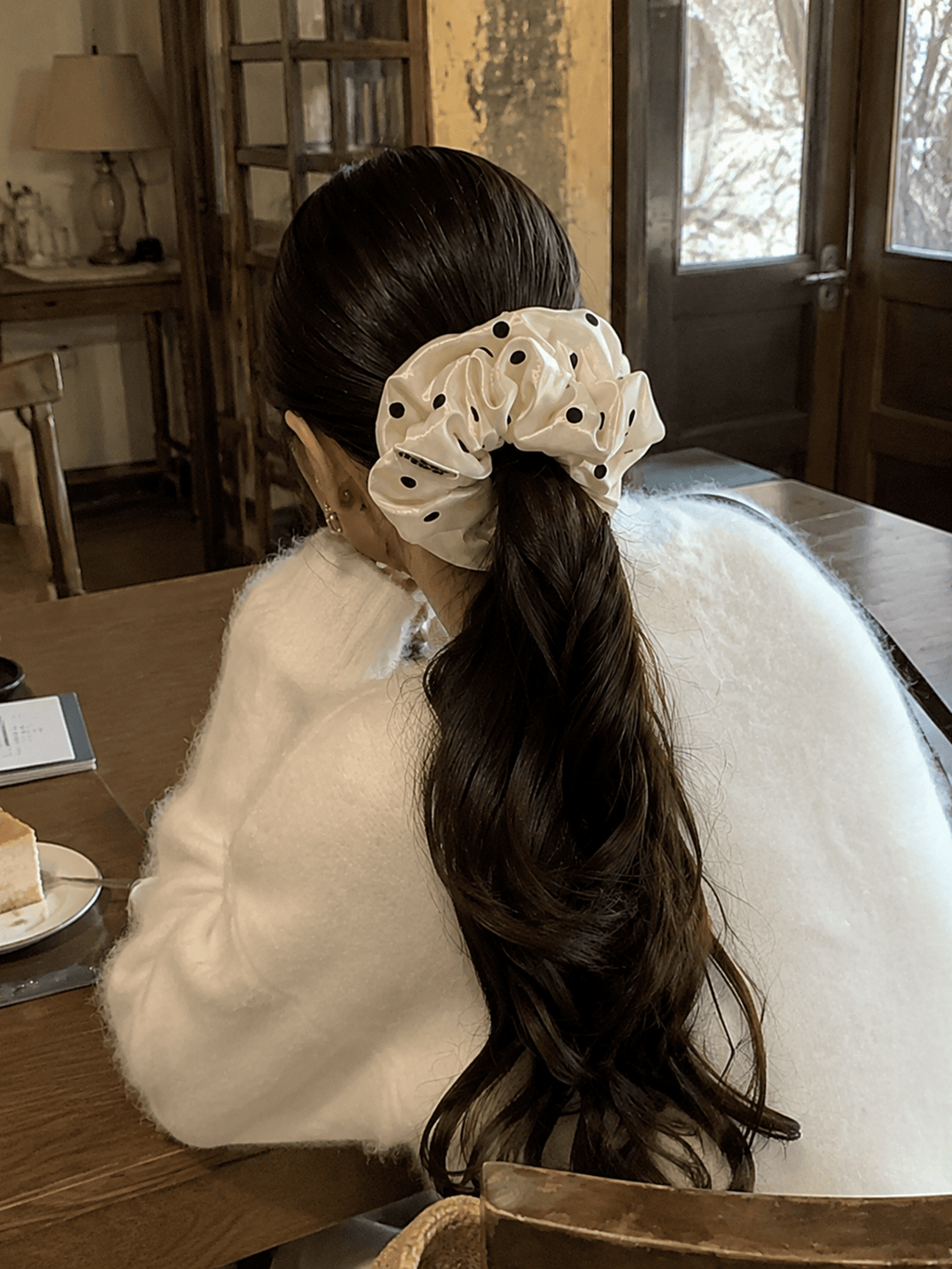 Elegant Satin Polka Dot Scrunchie – Glossy Pearl Shine Hair Tie
