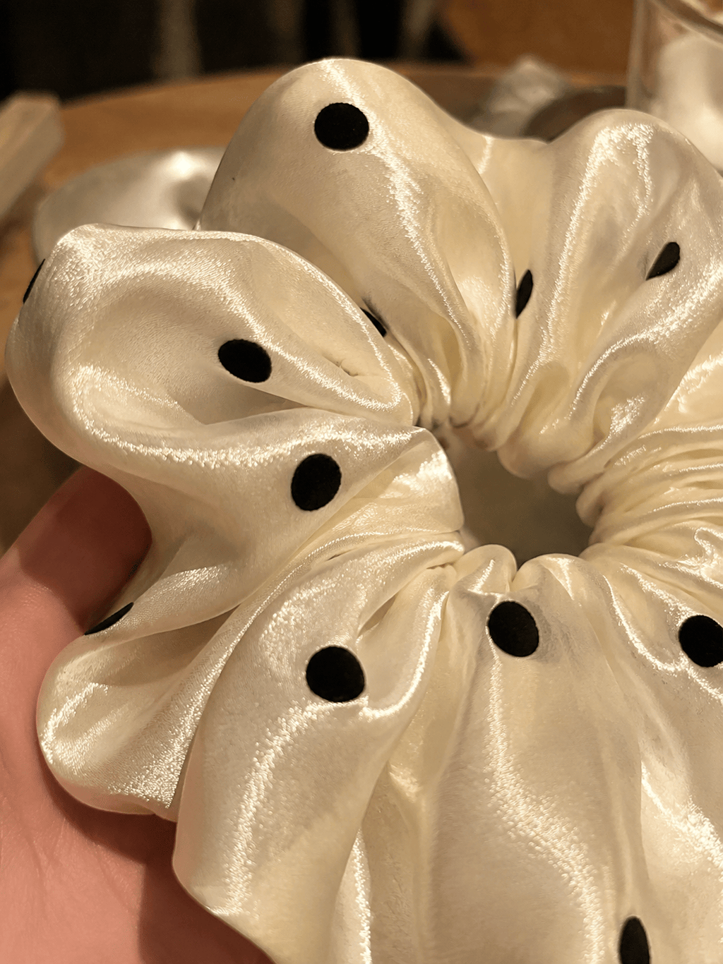 Elegant Satin Polka Dot Scrunchie – Glossy Pearl Shine Hair Tie