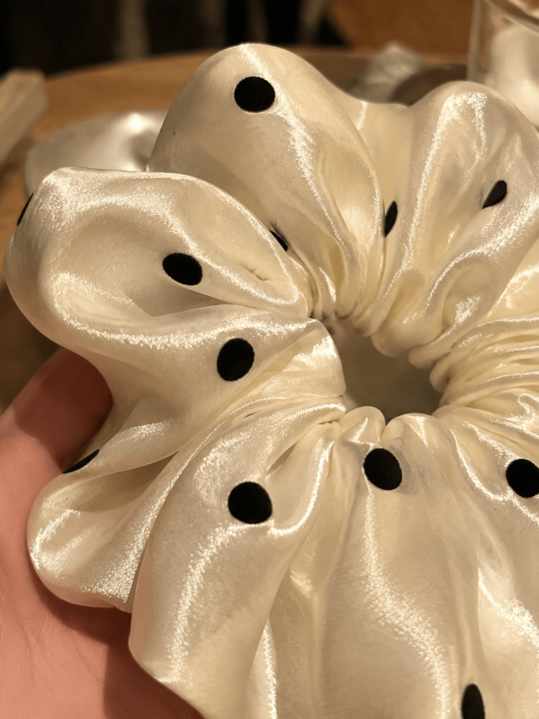 Elegant Satin Polka Dot Scrunchie – Glossy Pearl Shine Hair Tie