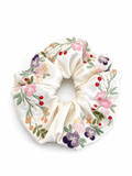 Embroidered Floral Satin Scrunchie – Oversized Hair Tie for Women, Soft & Gentle Ponytail Holder, Vintage Botanical Accessory
