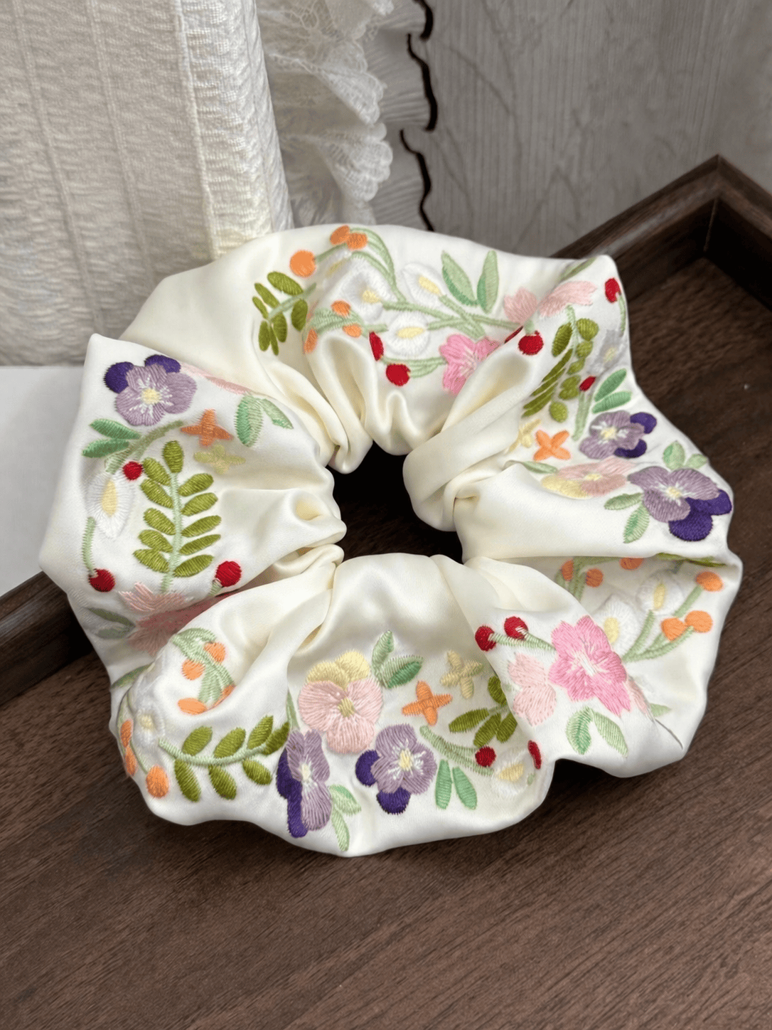 Embroidered Floral Satin Scrunchie – Oversized Hair Tie for Women, Soft & Gentle Ponytail Holder, Vintage Botanical Accessory