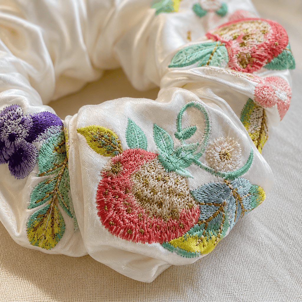 Embroidered Floral Satin Scrunchie | Vintage Botanical Hair Tie for Women