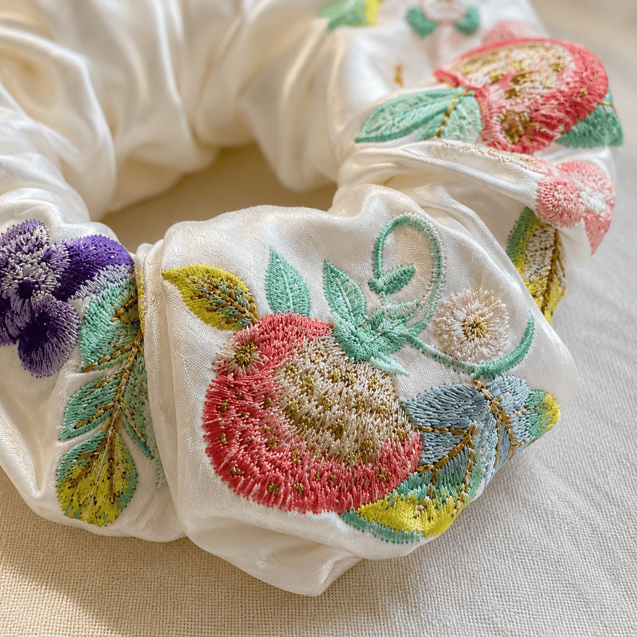 Embroidered Floral Satin Scrunchie | Vintage Botanical Hair Tie for Women