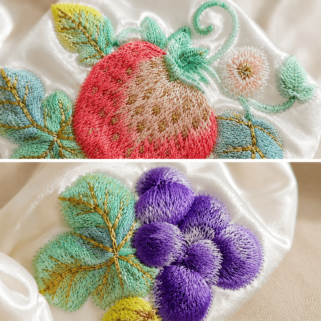 Embroidered Floral Satin Scrunchie | Vintage Botanical Hair Tie for Women