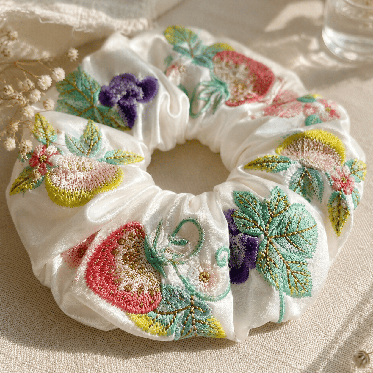 Embroidered Floral Satin Scrunchie | Vintage Botanical Hair Tie for Women
