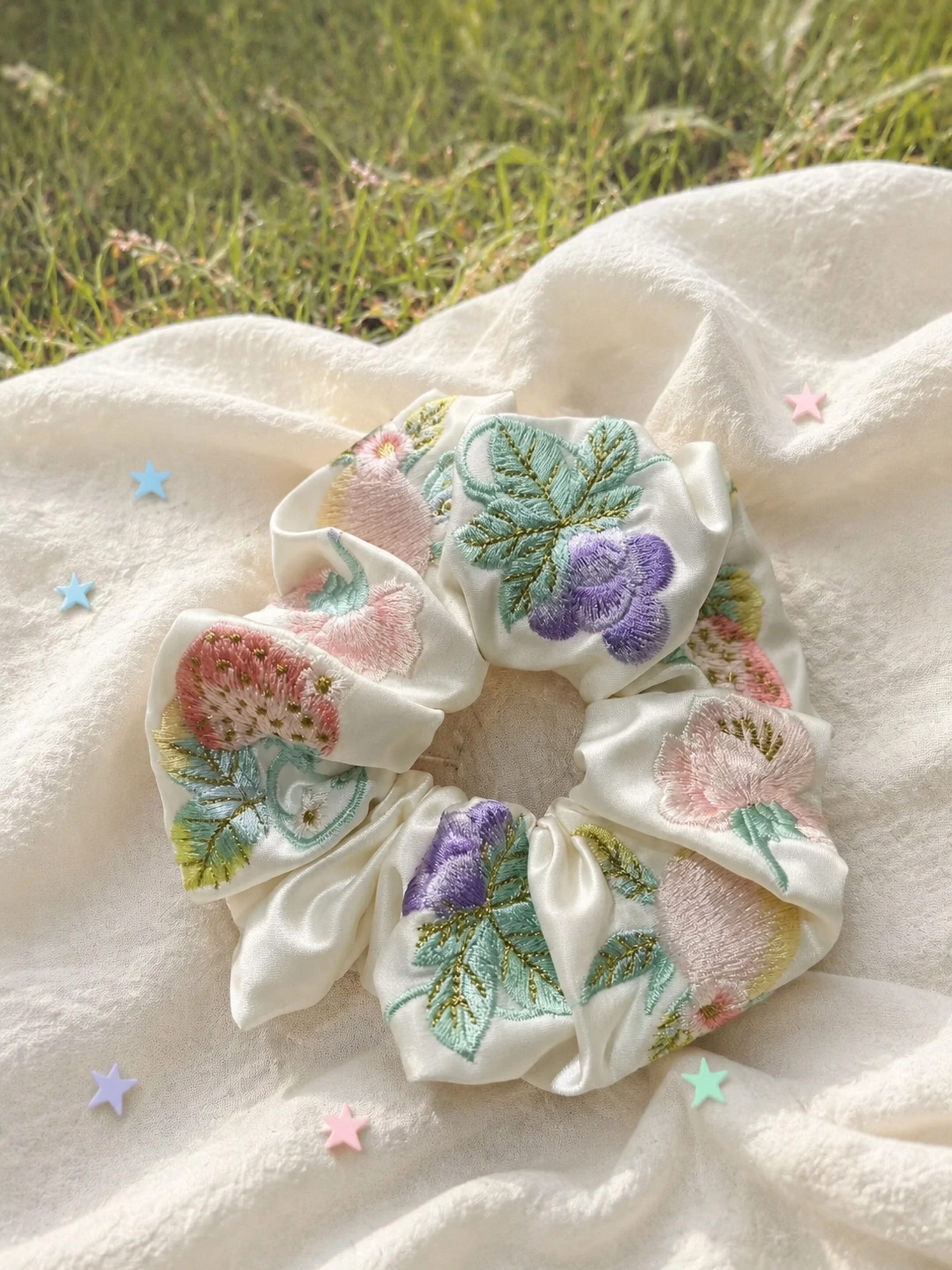 Embroidered Floral Satin Scrunchie | Vintage Botanical Hair Tie for Women