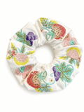 Embroidered Floral Satin Scrunchie | Vintage Botanical Hair Tie for Women