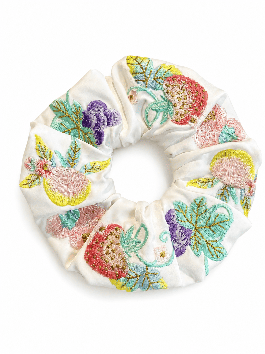 Embroidered Floral Satin Scrunchie | Vintage Botanical Hair Tie for Women