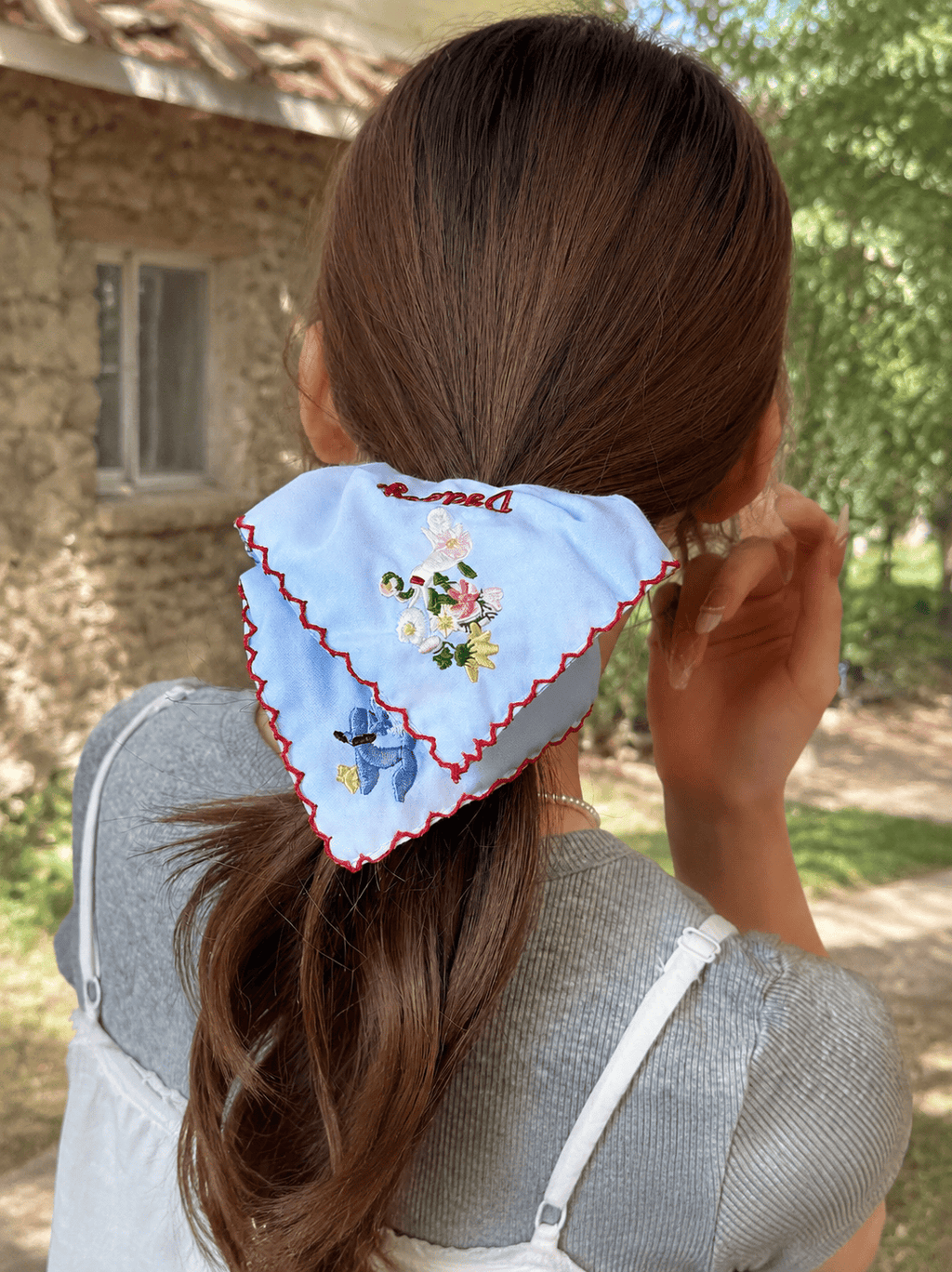 Embroidered Square Scarf Scrunchie – Blue Floral Hair Tie