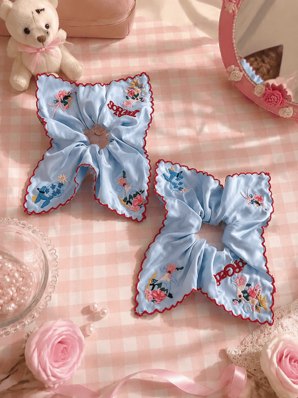 Embroidered Square Scarf Scrunchie – Blue Floral Hair Tie