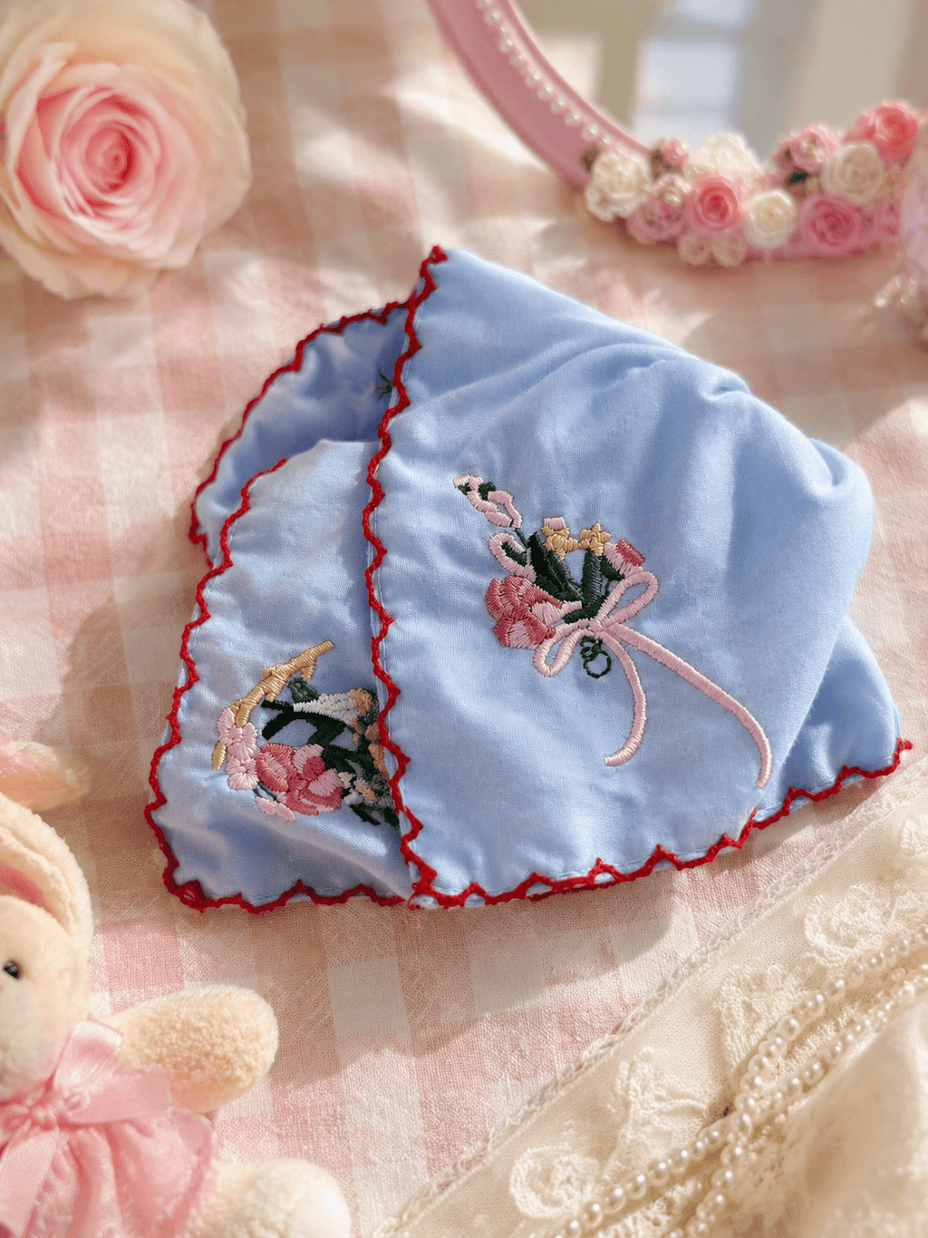 Embroidered Square Scarf Scrunchie – Blue Floral Hair Tie