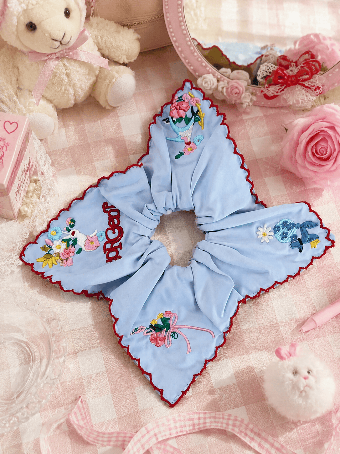 Embroidered Square Scarf Scrunchie – Blue Floral Hair Tie