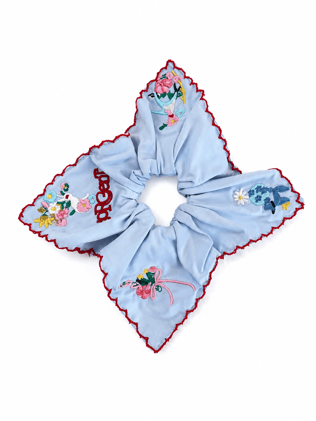 Embroidered Square Scarf Scrunchie – Blue Floral Hair Tie