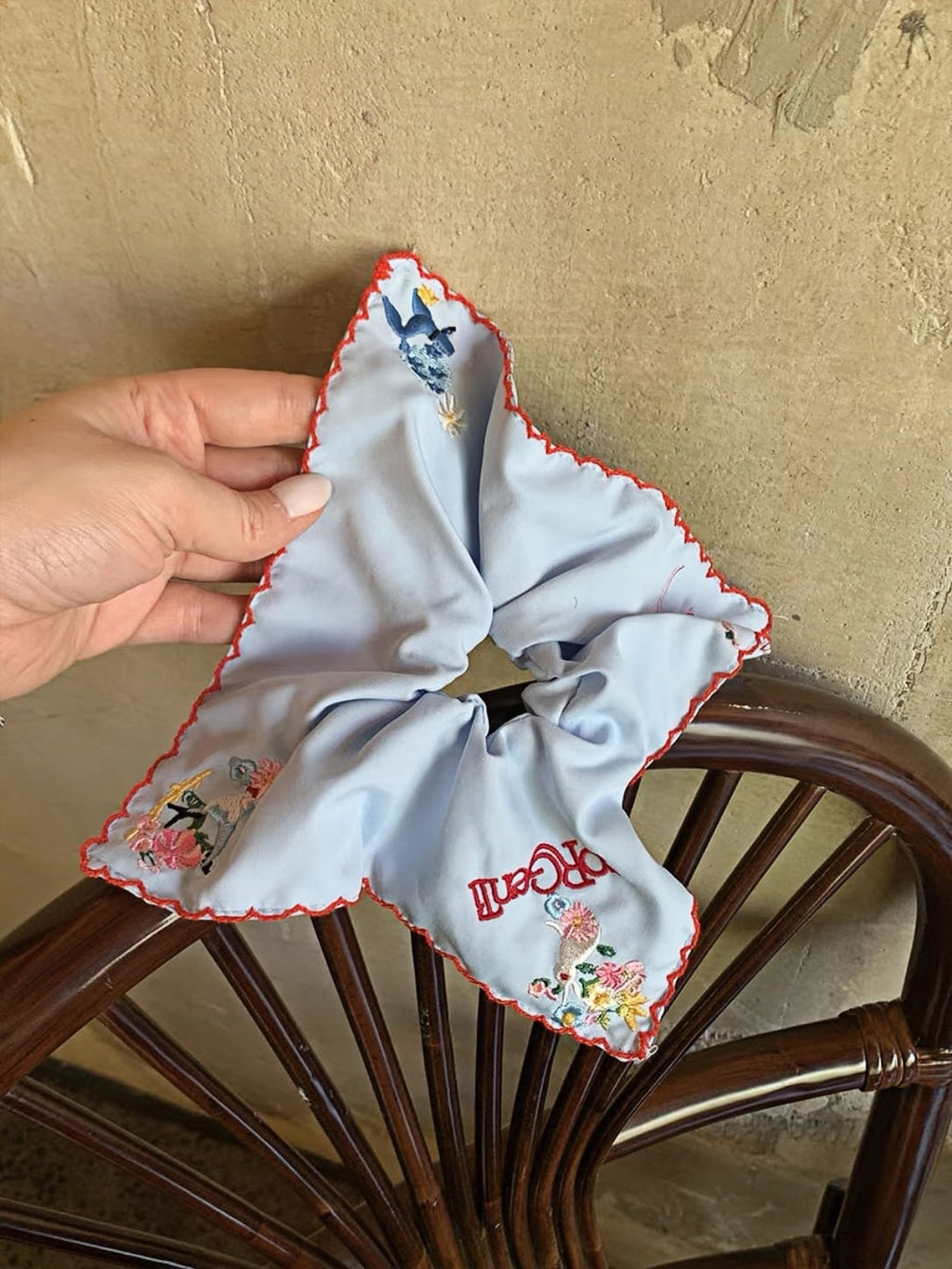 Embroidered Square Scarf Scrunchie – Blue Floral Hair Tie