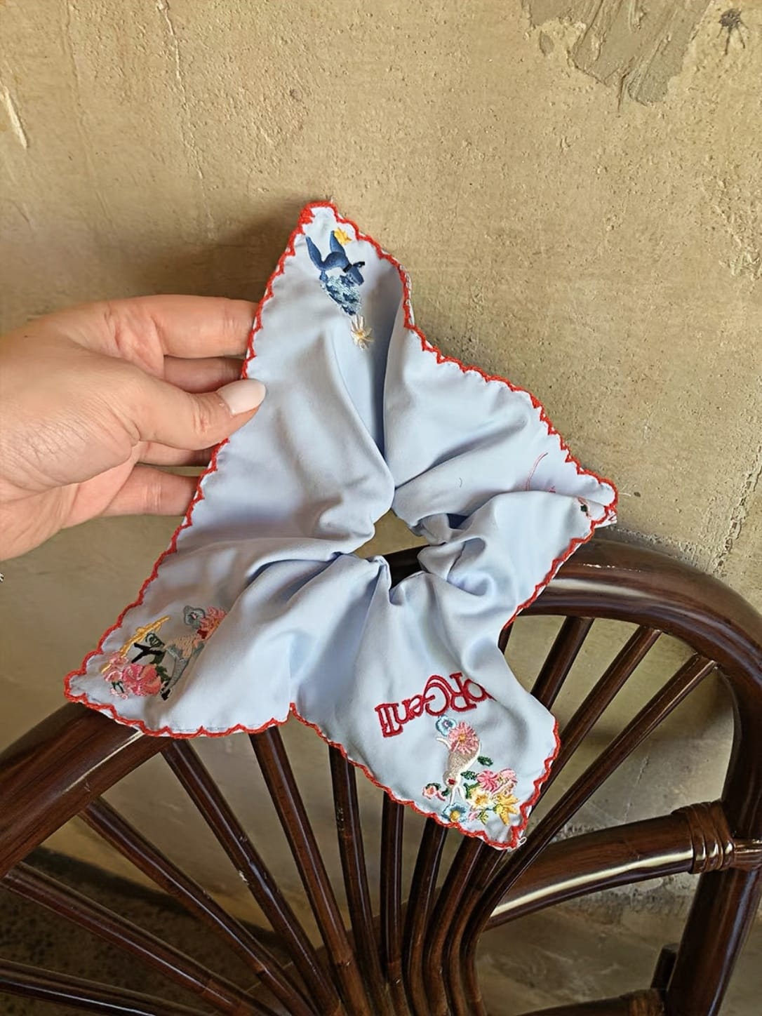 Embroidered Square Scarf Scrunchie – Blue Floral Hair Tie