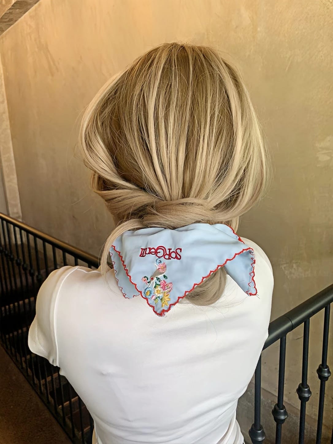 Embroidered Square Scarf Scrunchie – Blue Floral Hair Tie