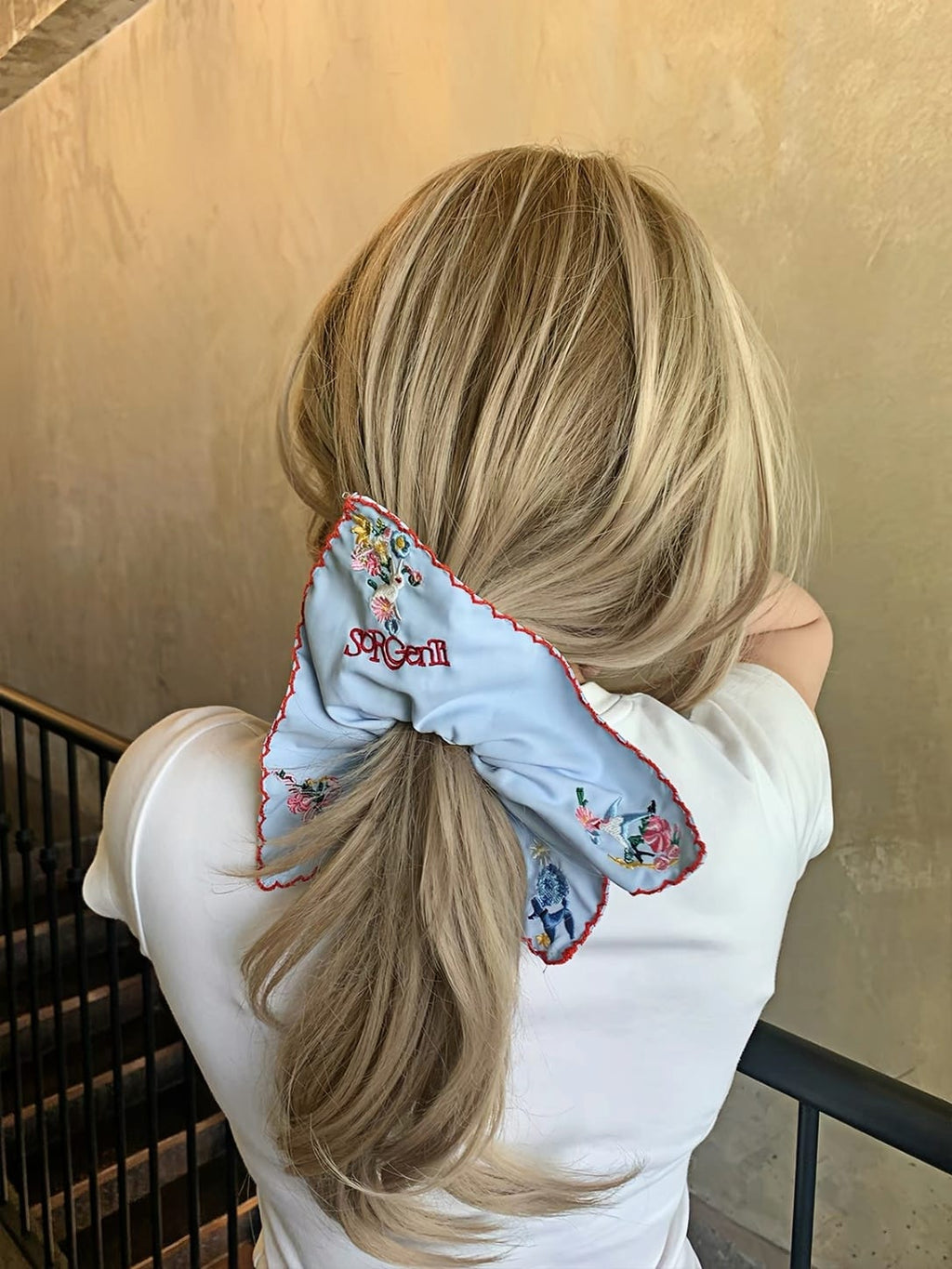 Embroidered Square Scarf Scrunchie – Blue Floral Hair Tie