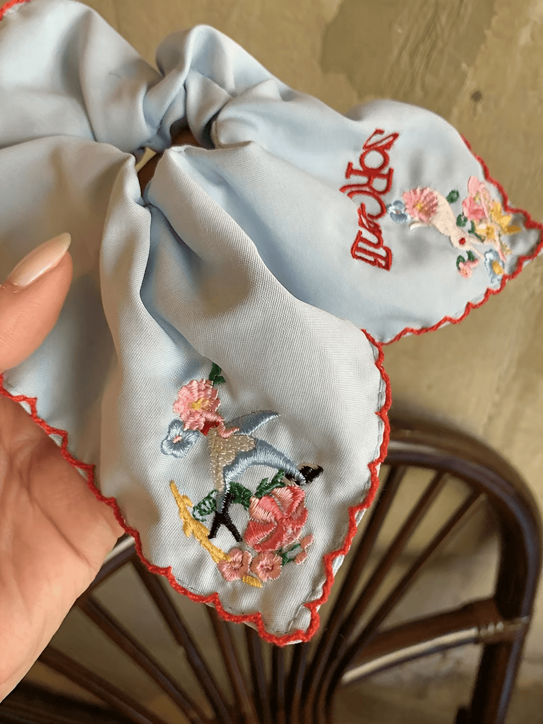 Embroidered Square Scarf Scrunchie – Blue Floral Hair Tie