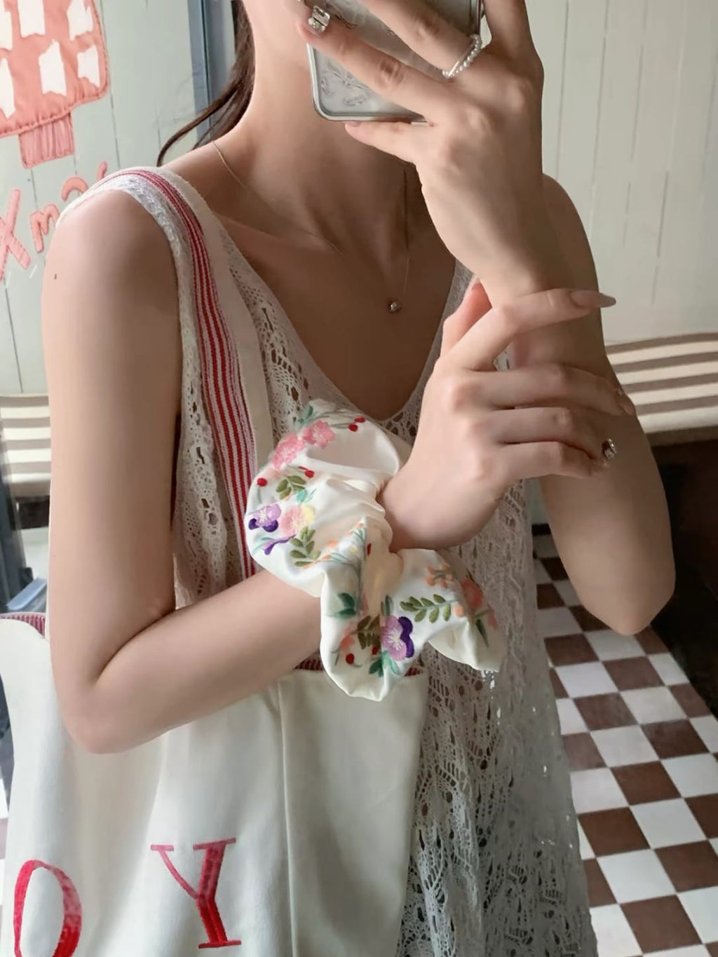 Floral Satin Embroidered Oversized Scrunchie