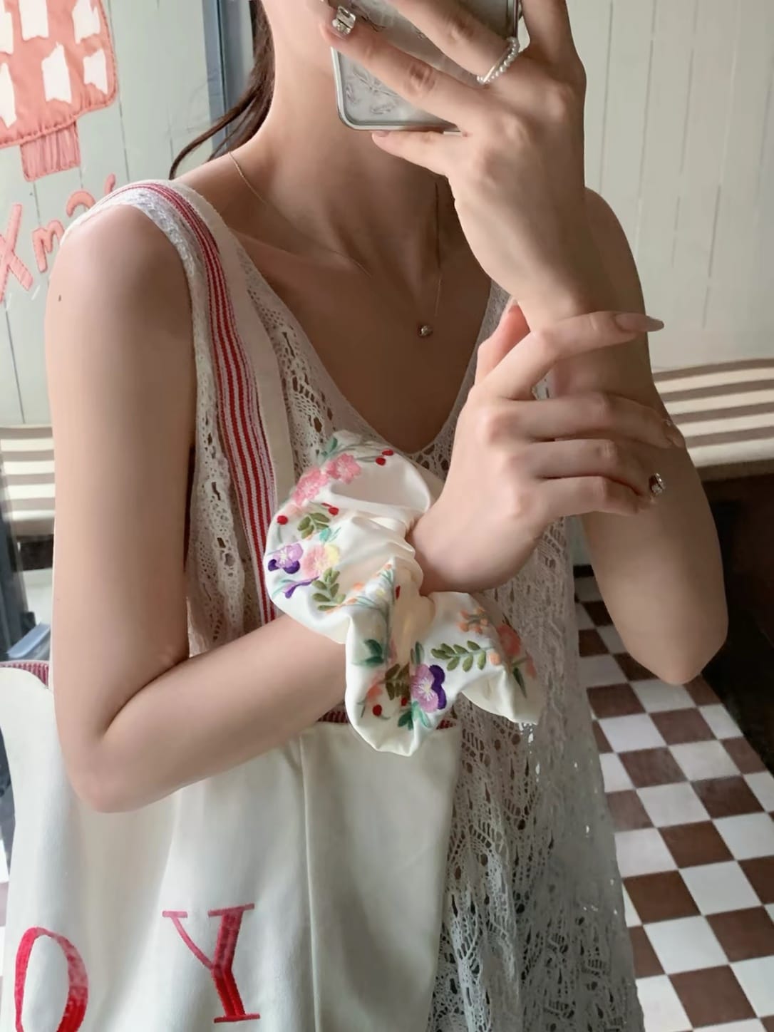 Floral Satin Embroidered Oversized Scrunchie