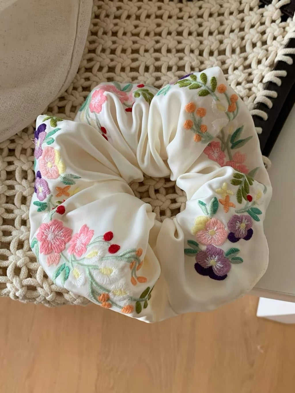 Floral Satin Embroidered Oversized Scrunchie