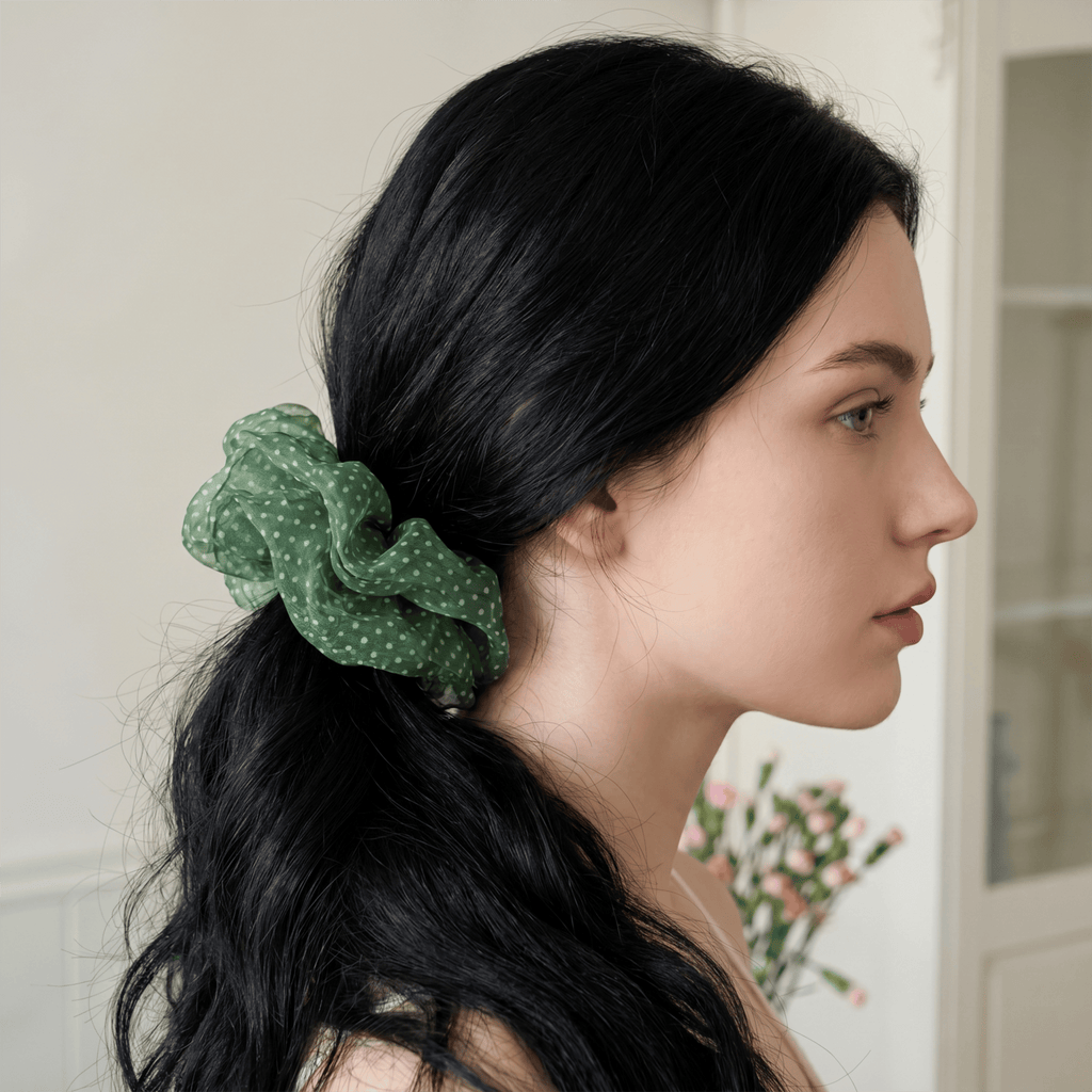 Forest Green Polka Dot Mesh Hair Scrunchie – Lightweight, Airy, Elegant Ponytail Accessory for Women